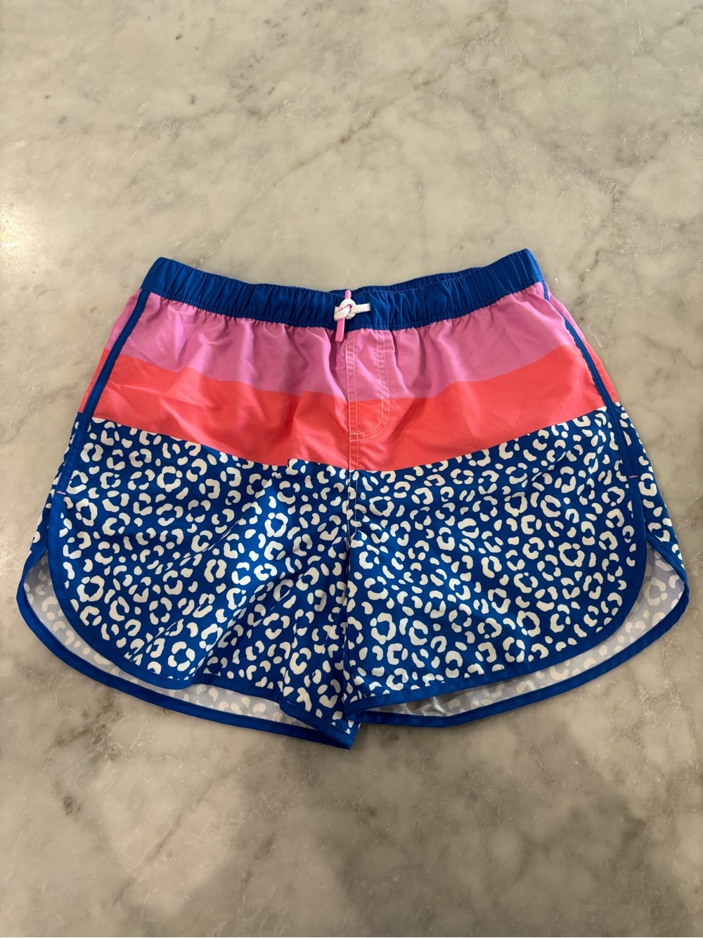 Mini Boden Blue, Pink & Coral Leopard-Print Swim Trunks